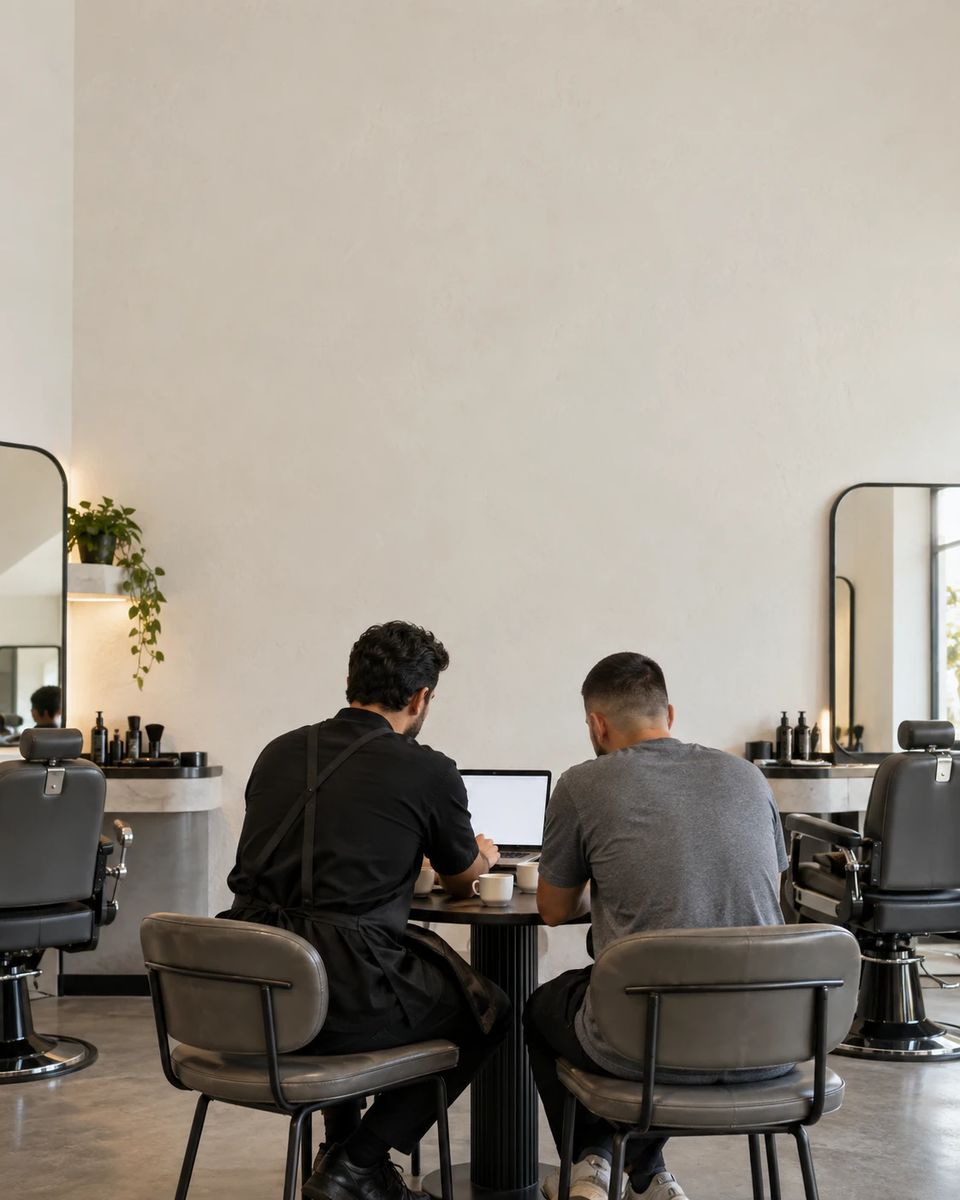 Dois homens sentados à mesa de uma barbearia, olhando juntos a tela de um notebook.